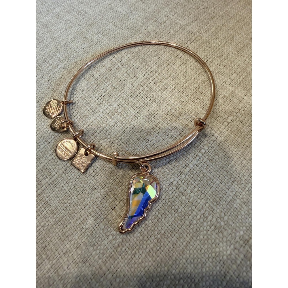 Alex And Ani Rose Gold Tone Crystal Angel Wing Charm Bangle Bracelet Adjustable